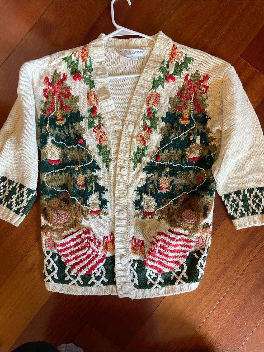 Vintage 90s Holiday Cardigan with Festive Tree,Teddy Motif, and Mitten Pockets